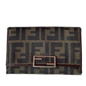 FENDI 3-fold wallet KHAKI Canvas Leather Zucca Vintage Italian Made